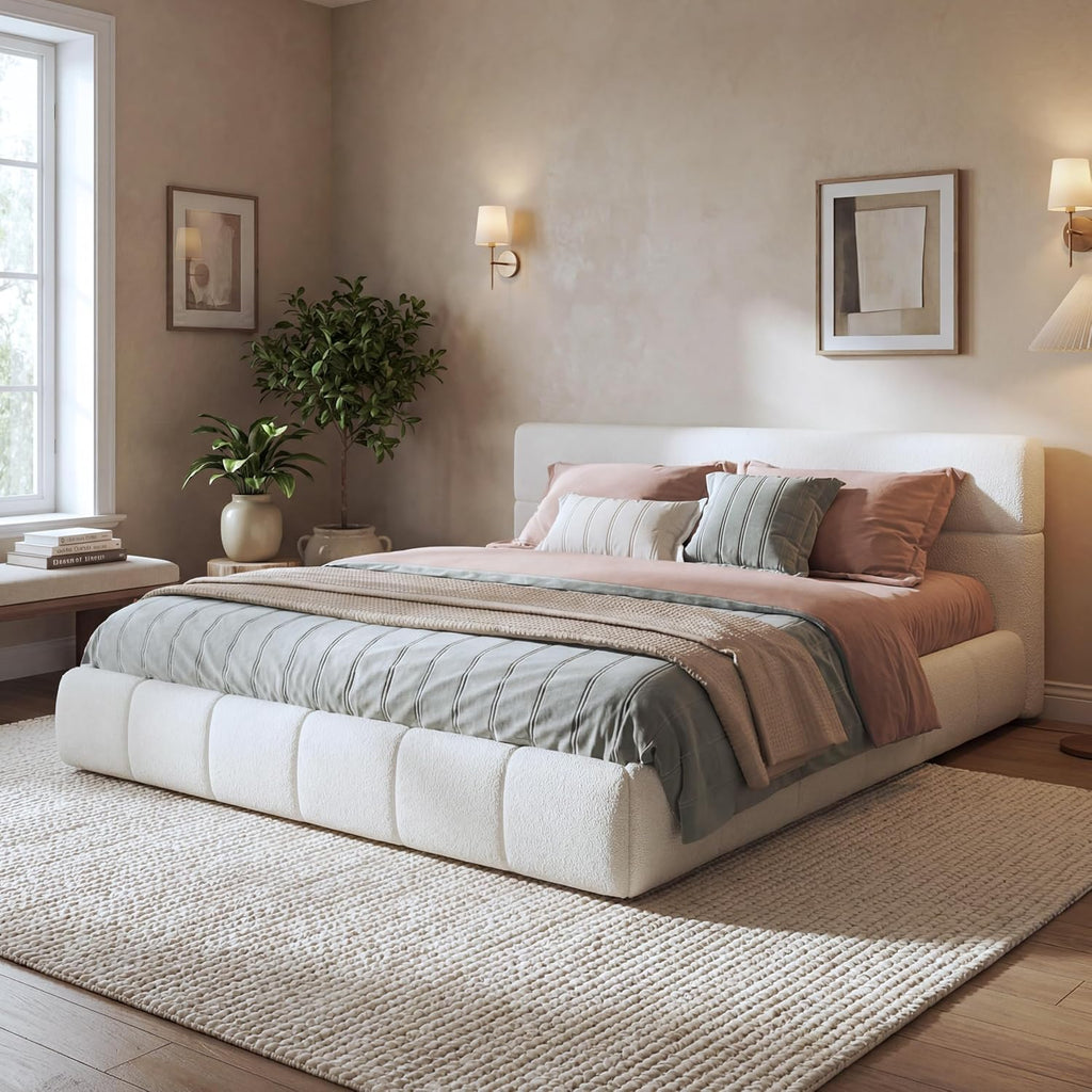 JIJIWANG King Size Upholstered Platform Bed Frame with Soft Boucle Fabric Headboard, Wooden Slats Support, No Box Spring Needed,Easy Assembly, White