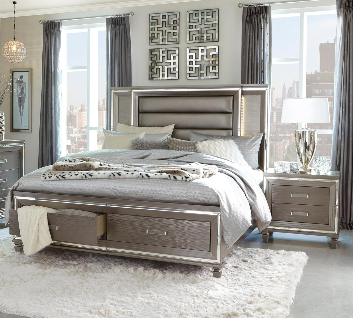 Glam Luxury Silver Gray Finish 3-Piece Bedroom Set King Size Platform Stoarge Bed and Two Nightstands Tufted LED Headboard Furniture