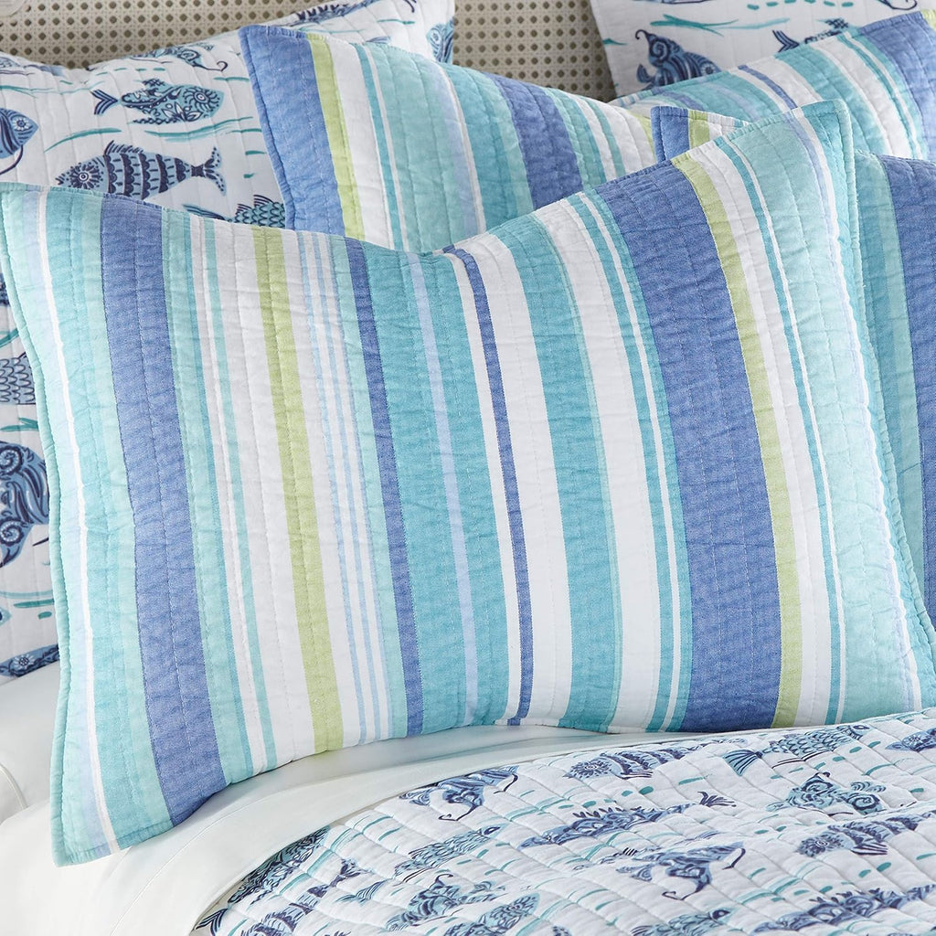 Levtex Home Laida Beach Bedding Set - 3Piece, Blue, Cotton, King Quilt & 2 Shams, Reversible, Coastal Stripe, Tropical Fish