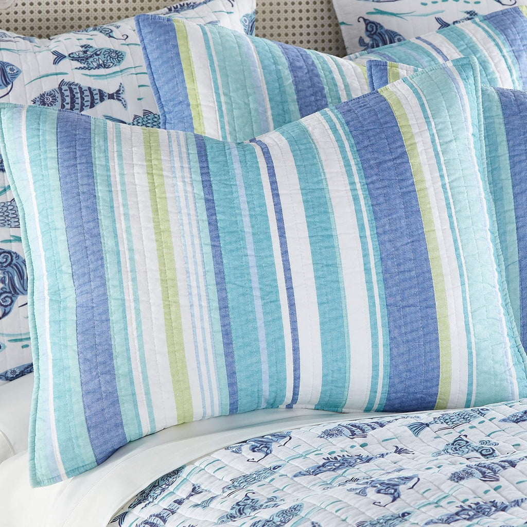 Levtex Home - Laida Beach Quilt Set -Twin Quilt + One Standard Pillow Sham - Coastal Stripe - Green, Blue, White - Quilt Size (68x86in.) and Pillow Sham Size (26x20in.) - Reversible - Cotton