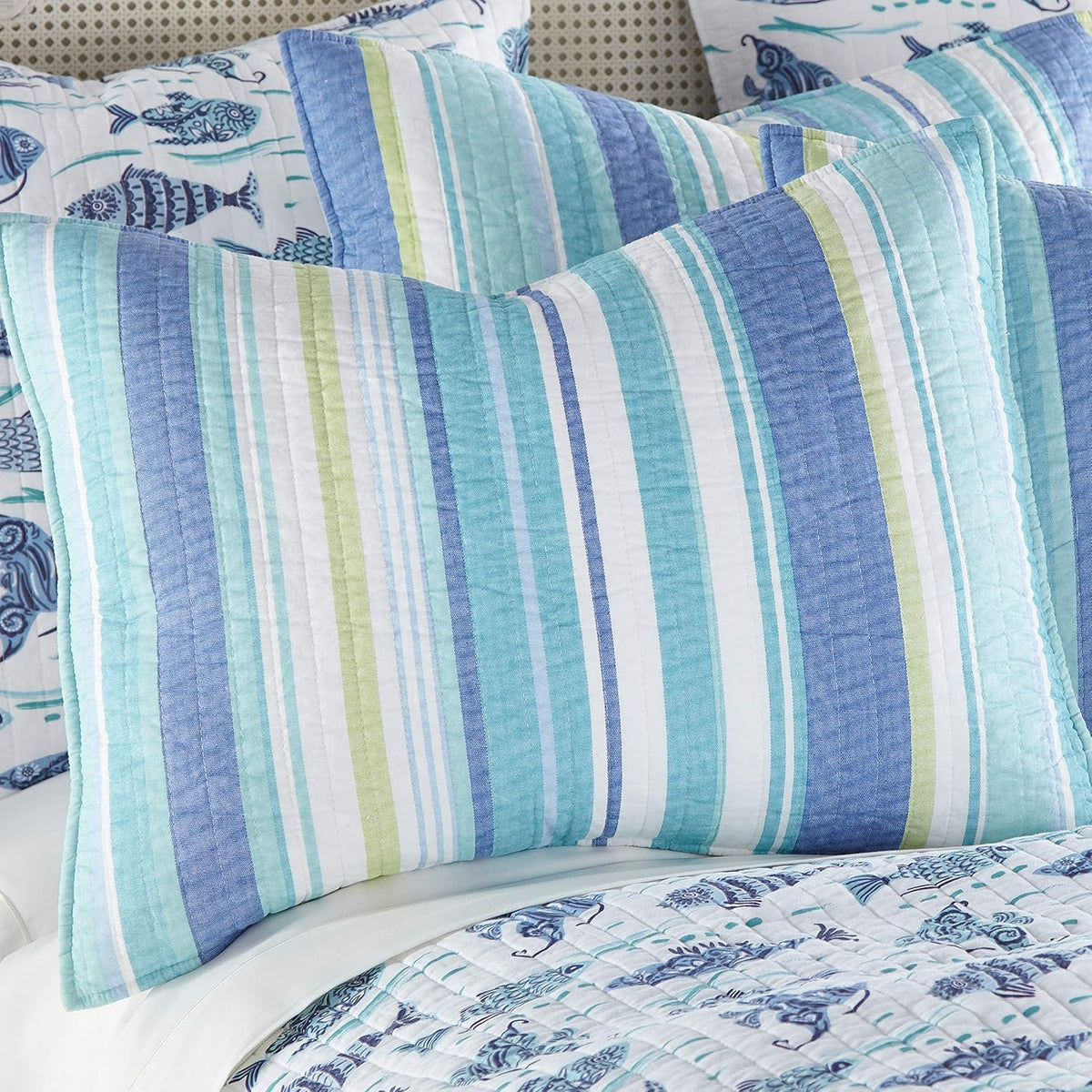 Levtex Home - Laida Beach Quilt Set -Twin Quilt + One Standard Pillow Sham - Coastal Stripe - Green, Blue, White - Quilt Size (68x86in.) and Pillow Sham Size (26x20in.) - Reversible - Cotton