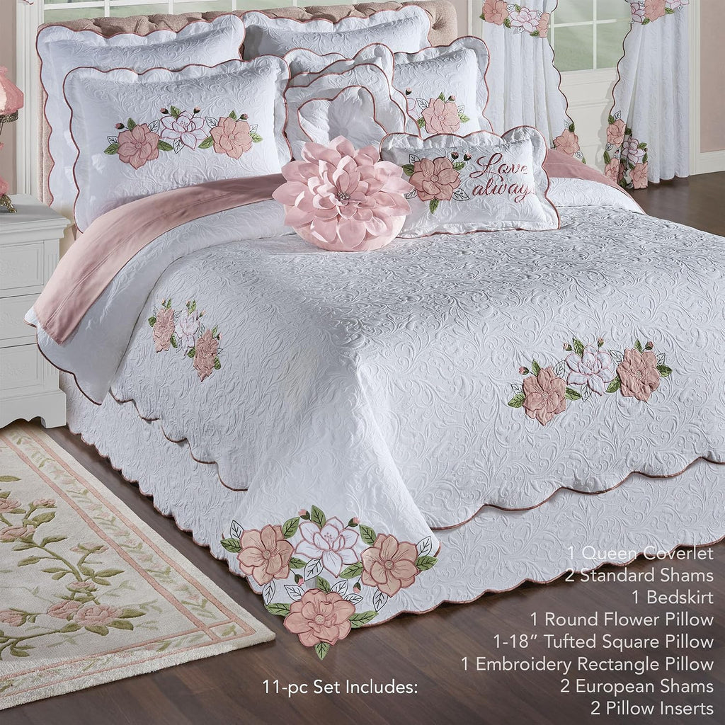 Lovington Floral Luxury Matelasse Bedding | Pink and White Velvet Flower Appliques | 11-Pc Bed Set: Oversize Queen Coverlet, Bedskirt, 2 Standard Shams, 2 Euro Shams, 2 Euro Inserts, & 3 Throw Pillows