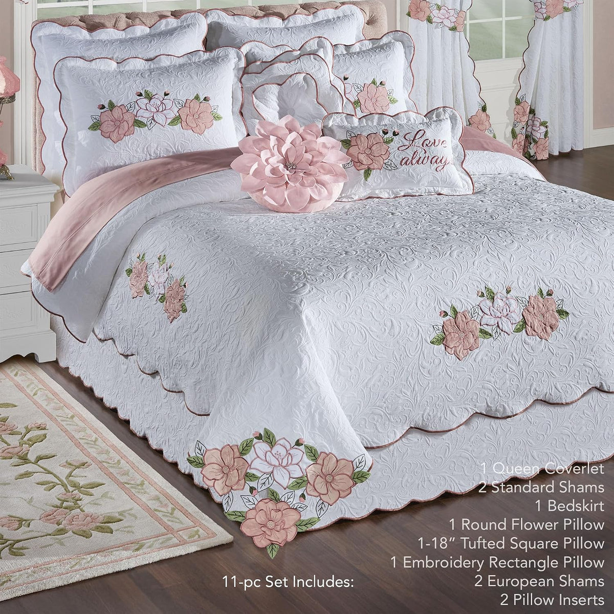 Lovington Floral Luxury Matelasse Bedding | Pink and White Velvet Flower Appliques | 11-Pc Bed Set: Oversize Queen Coverlet, Bedskirt, 2 Standard Shams, 2 Euro Shams, 2 Euro Inserts, & 3 Throw Pillows