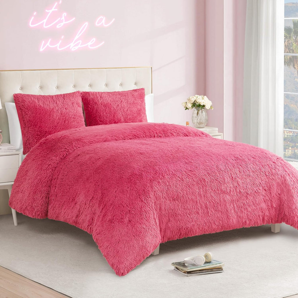Juicy Couture Shaggy Faux Fur Hot Pink Full/Queen Comforter Set - Soft and Cozy 3-Piece Machine Washable Bedding Comforter and Sham Set