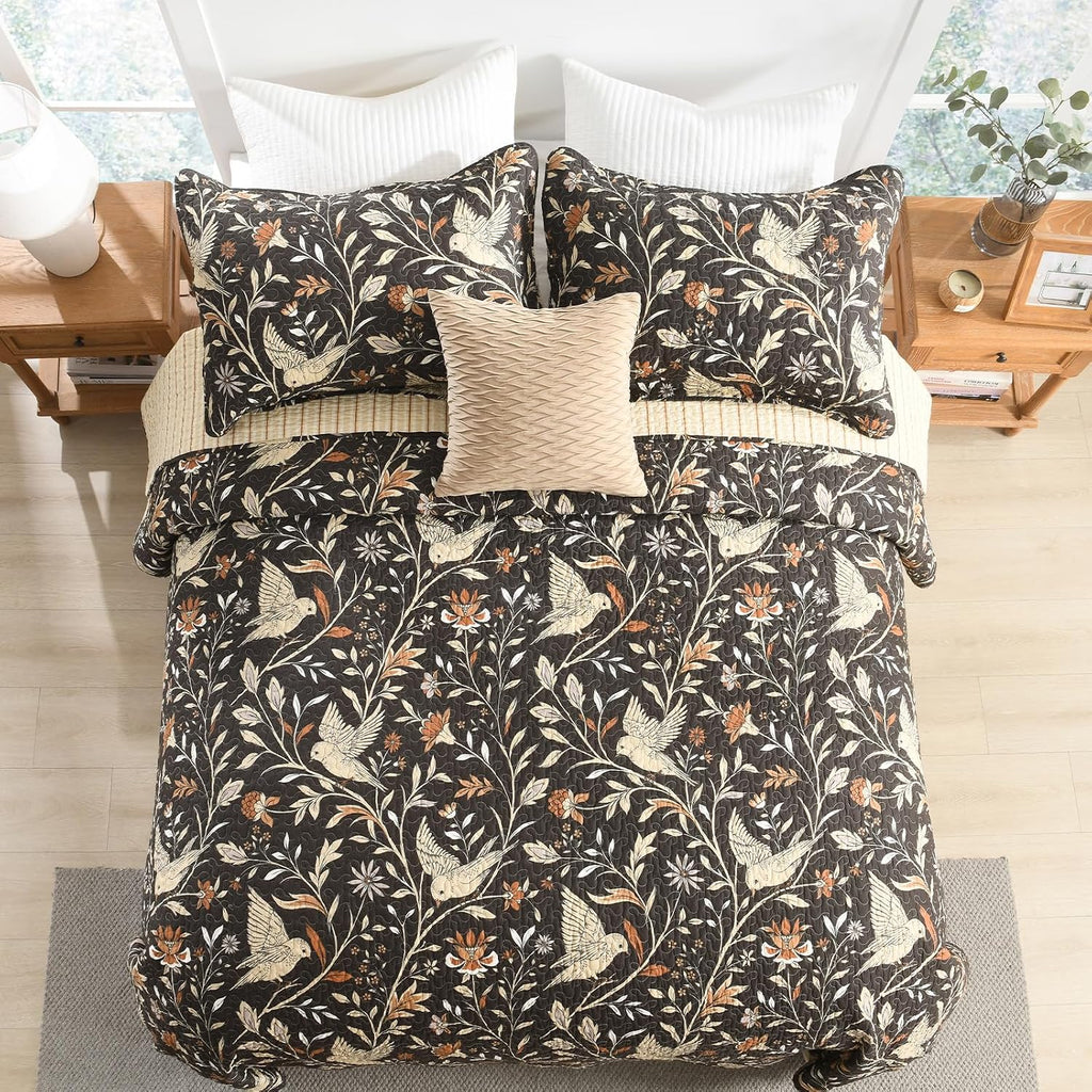 Uniclinens Botanical Quilts Queen Size, 100% Cotton Quilt Bedding Set Vintage Bird Pattern Queen Bedspread, Chic Lightweight Quilted Comforter Coverlet Set, 3 Pieces, All Season, Chocolate Brown/Beige