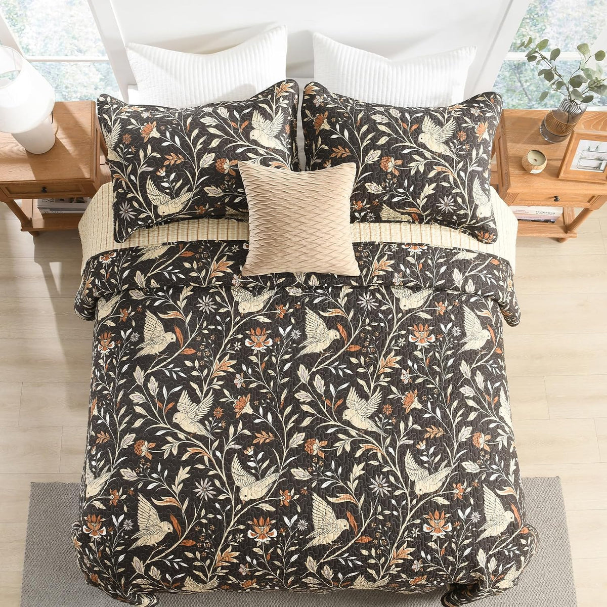 Uniclinens Botanical Quilts Queen Size, 100% Cotton Quilt Bedding Set Vintage Bird Pattern Queen Bedspread, Chic Lightweight Quilted Comforter Coverlet Set, 3 Pieces, All Season, Chocolate Brown/Beige