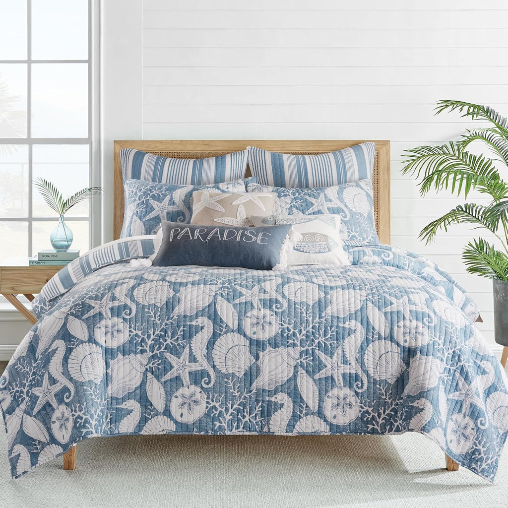 Levtex Home - Stillwater Denim Quilt Set - King Quilt and Two King Shams - Coastal - Denim Blue and White - Quilt (106x92in.) and Shams (20x36in.) - Reversible - Cotton