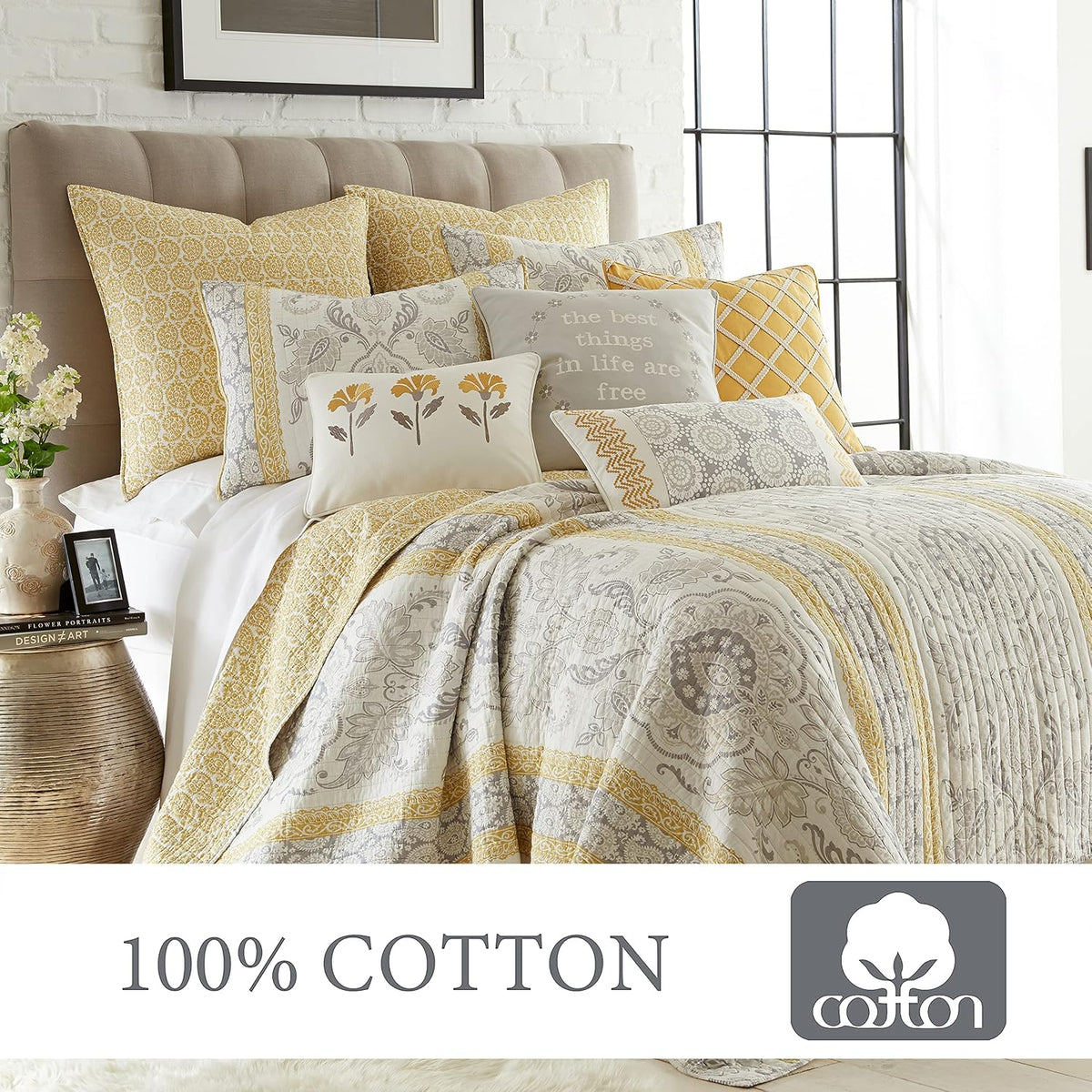 Levtex Home - St. Claire Quilt Set - King Quilt + Two King Pillow Shams - Suzani and Paisleys - Grey and Yellow - Quilt Size (106x92in.) and Pillow Sham Size (36x20in.) - Reversible