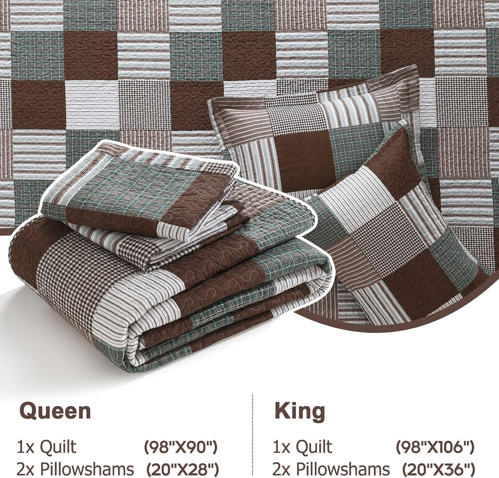 Finlonte Quilt King Size - 100% Cotton King Size Comforter Set Brown Green White Plaid Farmhouse Quilt Bedding Set, Reversible Lightweight Soft Bedspread, Quilted Coverlet All-Season, 3-Piece