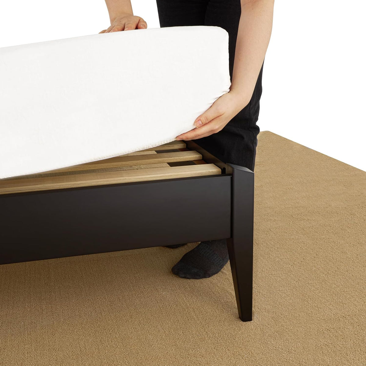 Bme Dinkee Queen Platform Bed Frame Wood 15 Inch - Solid Wood Bed Frame - Modern & Minimalist Style - 12 Strong Wood Slat Support - Easy Assembly - No Box Spring Needed - Black