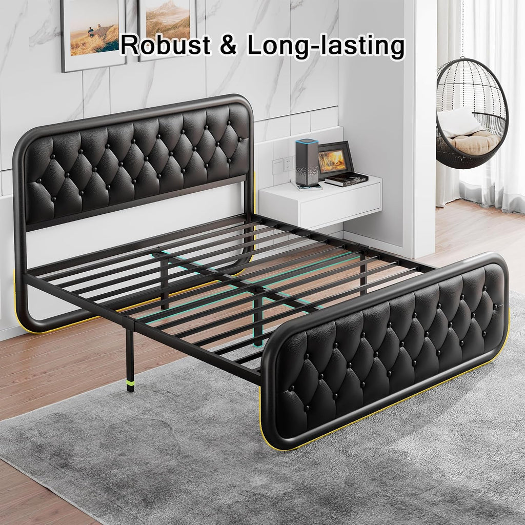 Einhomn Full Size Metal Bed Frame with Button Tufted Leather Upholstered Headboard and Footboard, U-Shape Support Foundation, No Box Spring Required, Black