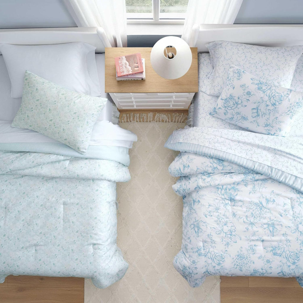 Laura Ashley - Twin Comforter Set, Soft & Reversible Floral Bedding with Bonus Bed Sheets & Pillowcases, 5 Piece Bed Set for Year Round Comfort (Delphine Saras/Sprig Blue)