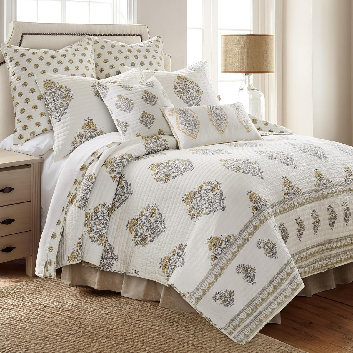 Levtex Home - Kamira Ochre Quilt Set - King Quilt and Two King Shams - Bordered Floral - Ochre, Grey and Cream - Quilt (106x92in.) and Shams (20x36in.) - Reversible - Cotton