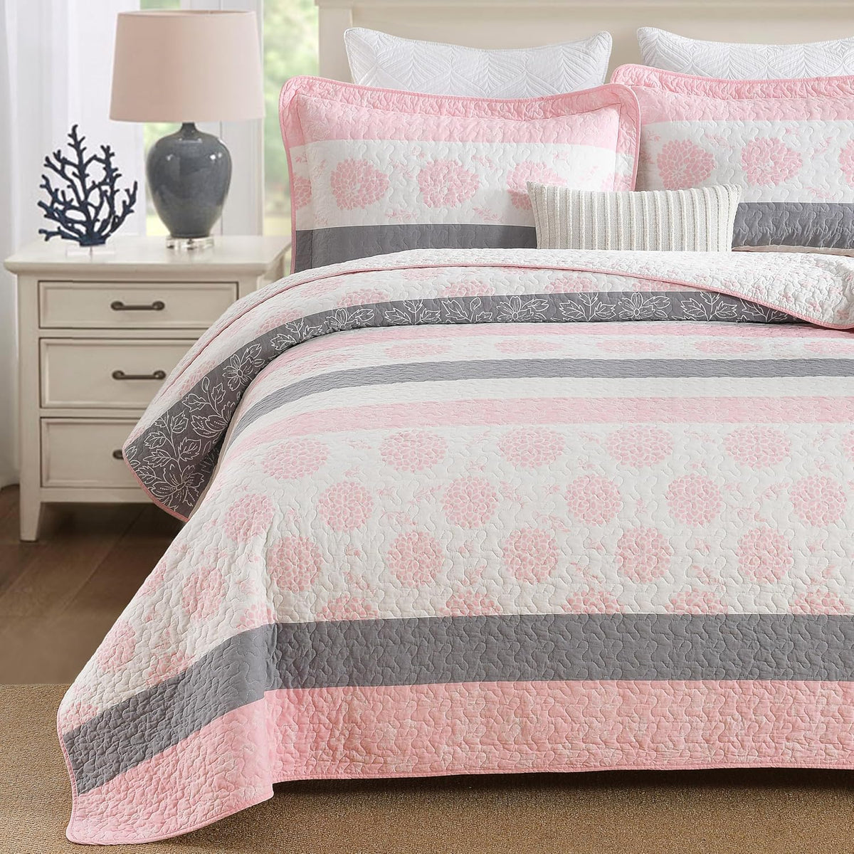 Homzard Floral Comforter King Size,Cotton King Size Quilt Sets,Pink White Grey Comforter Set,Farmhouse Striped Bedding Set,Lightweight Reversible 3 Piece Bedspread,All Season