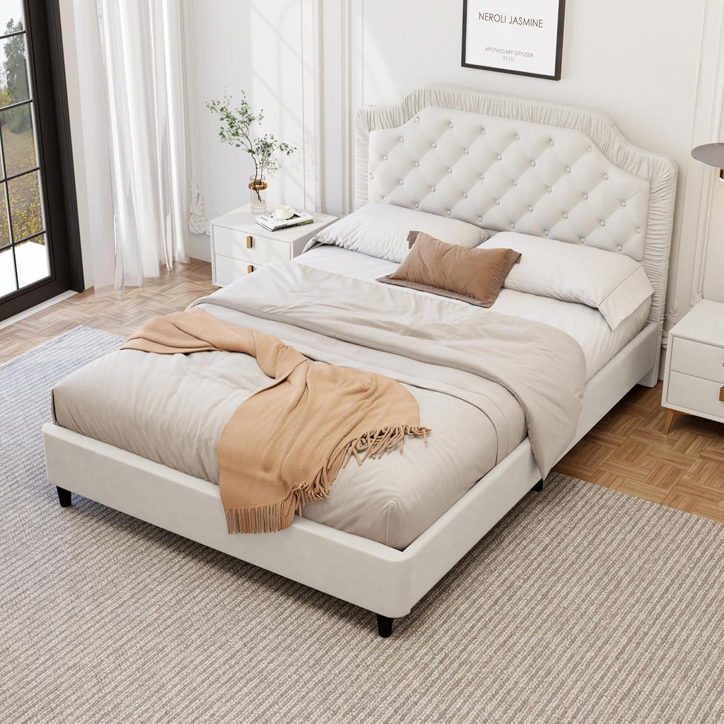 King Size Upholstered Platform Bed Frame with Ruched and Button Tufted Headboard, Tufted Velvet Upholstered Platform Bed with Wood Slat Support for Kids Teens Adult Bedroom (White-60v)