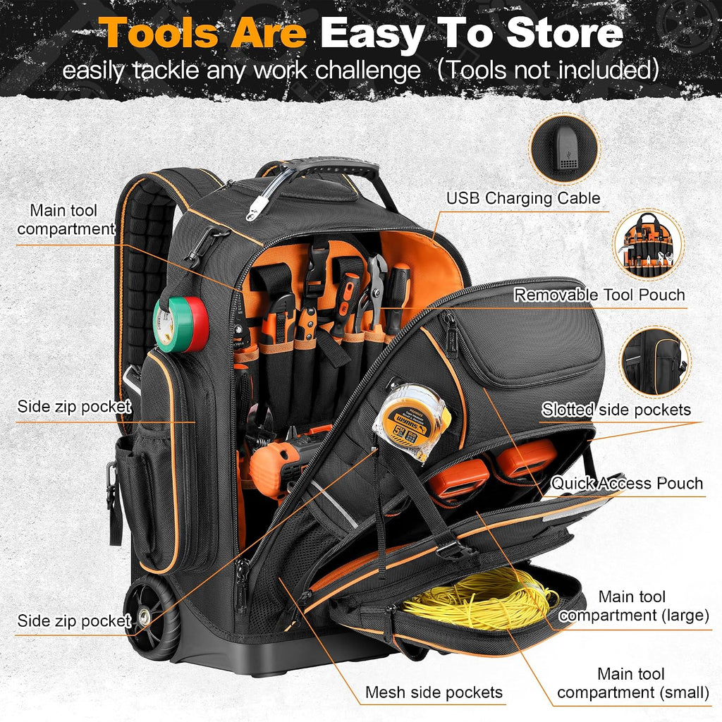 Rolling Tool Backpack Bag with Wheels, Heavy Duty Tool Bag on Wheels for Men, HVAC Electrician Plumber Large Tool Organizer with Molded Base, Combination Lock & USB Port for Construction Jobsite