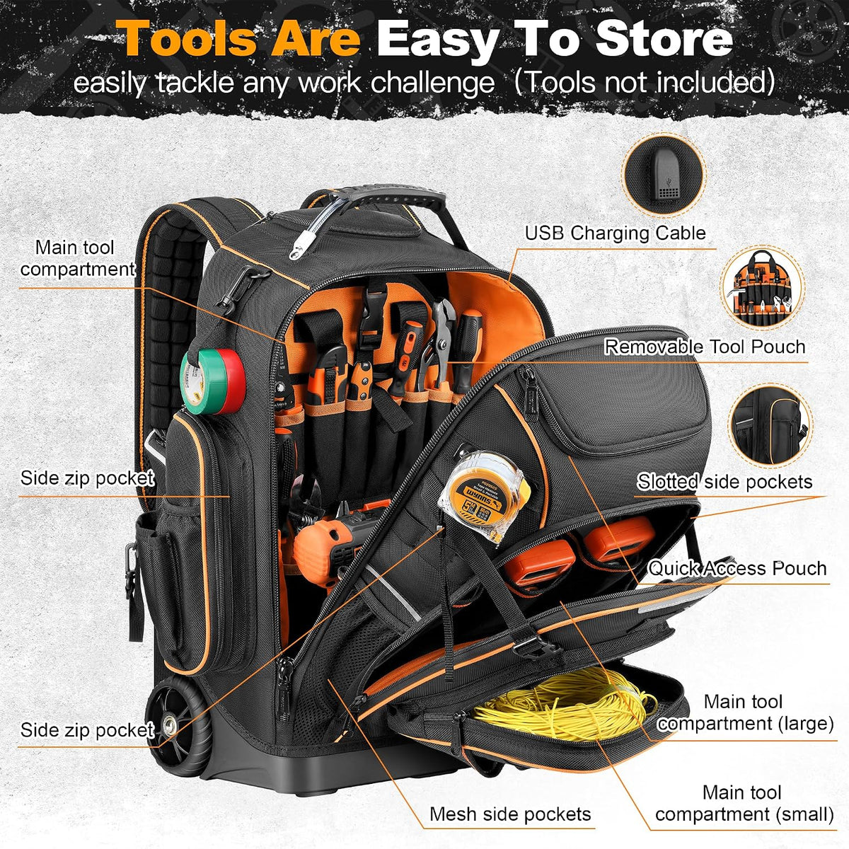 Rolling Tool Backpack Bag with Wheels, Heavy Duty Tool Bag on Wheels for Men, HVAC Electrician Plumber Large Tool Organizer with Molded Base, Combination Lock & USB Port for Construction Jobsite