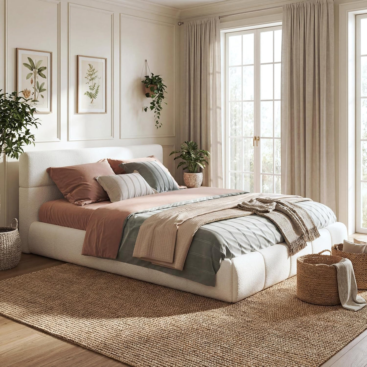 JIJIWANG Queen Size Upholstered Platform Bed Frame with Soft Boucle Fabric Headboard, Wooden Slats Support, No Box Spring Needed,Easy Assembly, White