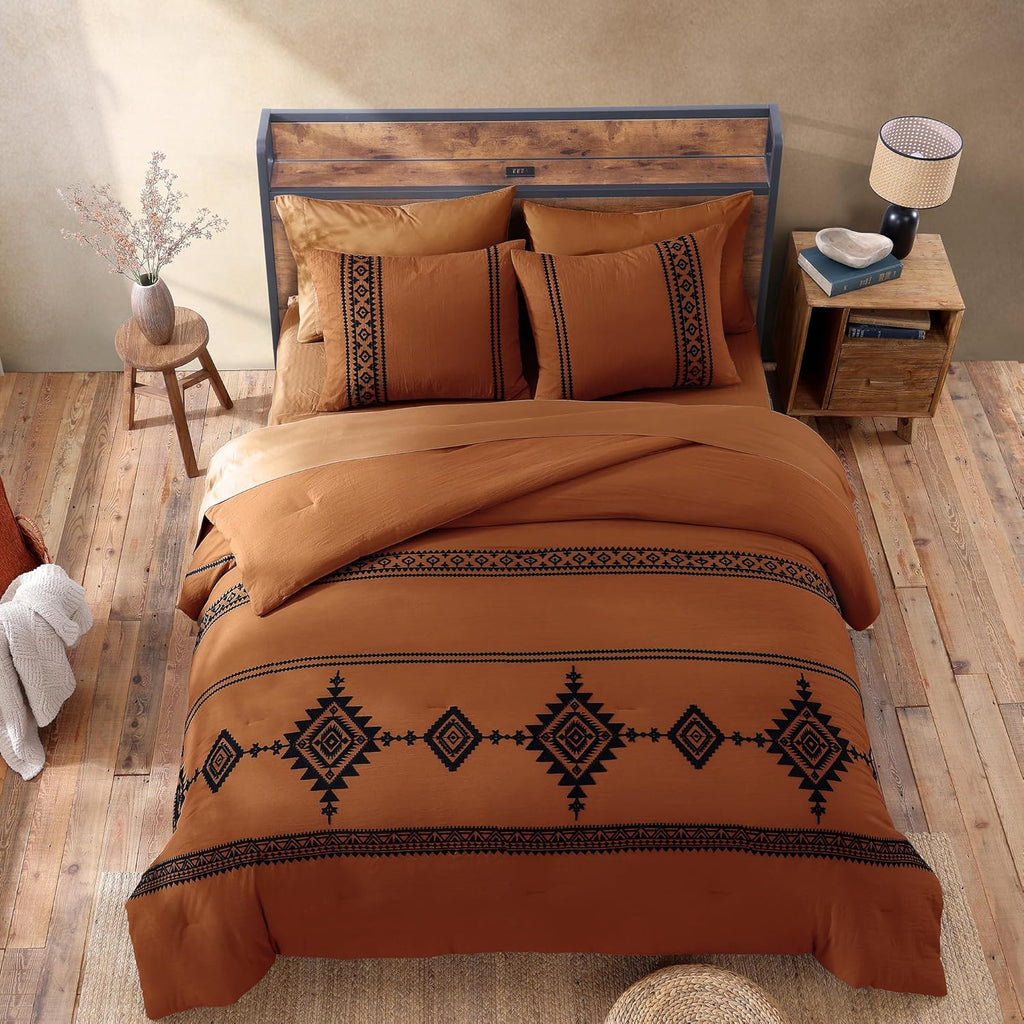 MaiRêve Embroidery Oversized King Size Comforter Set Burnt Orange, Boho Farmhouse Western Bedding Set 7 Pieces, All Season Bed in A Bag Comforter Set with Sheets, Pillowcases & Shams