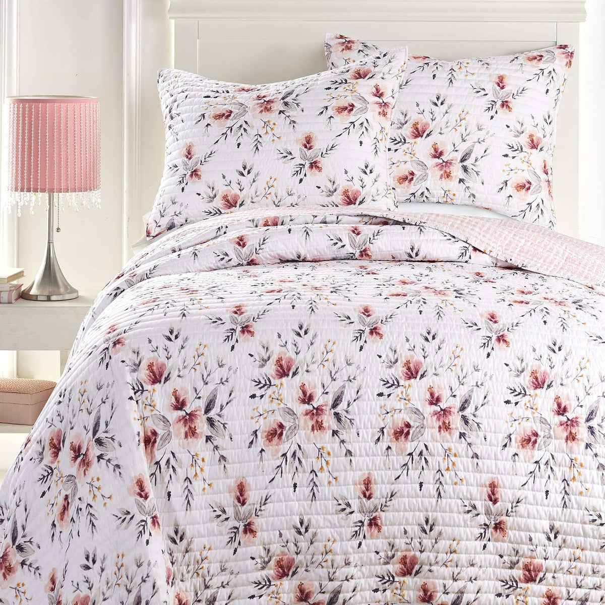 Levtex Home - Adeline Quilt Set - King Quilt and Two King Shams - Floral - Blush Pink and Grey - Quilt (102x86in.) and Shams (20x36in.) - Reversible - Polyester