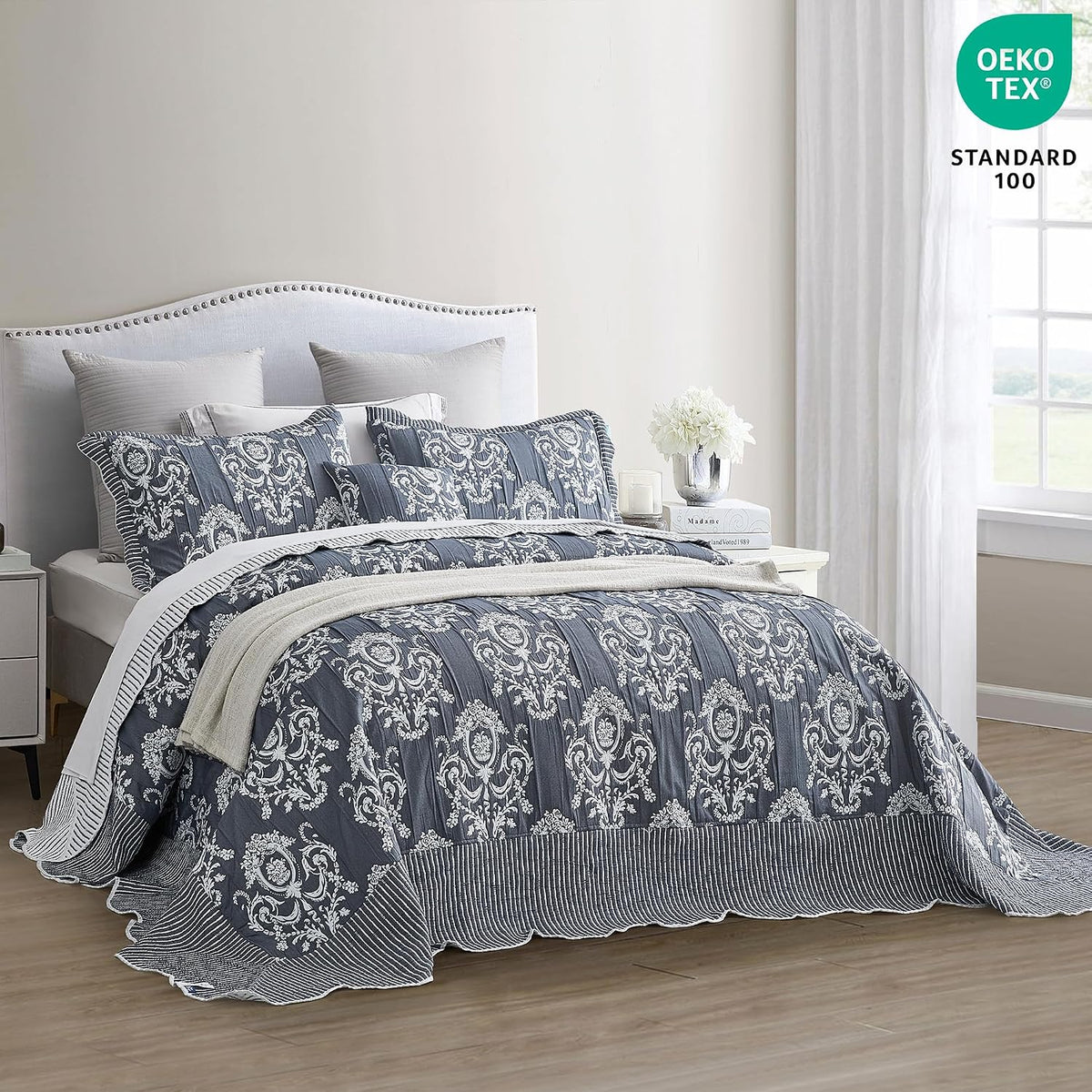 HZ & HY Oversized Queen Bedspread, Jacquard Matelasse Damask Pattern Design, Lightweight, Reversible, 5 Piece, 100% Microfiber, Queen, Dark Blue