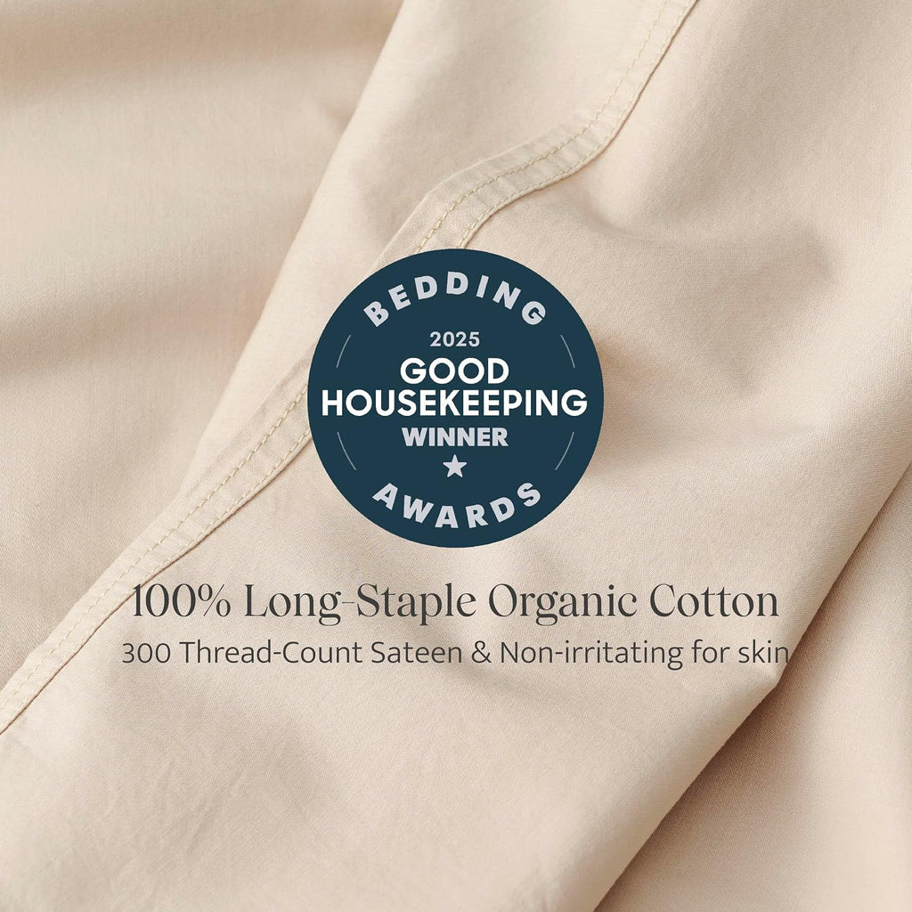 Double Stitch 100% Organic Cotton Sheets, King Size Sheets Set, GOTS Certified Long Staple Cotton Bedsheets, Luxury & Soft Hotel Bed Sheets with 16 inches Deep Pocket, Made in India Beige