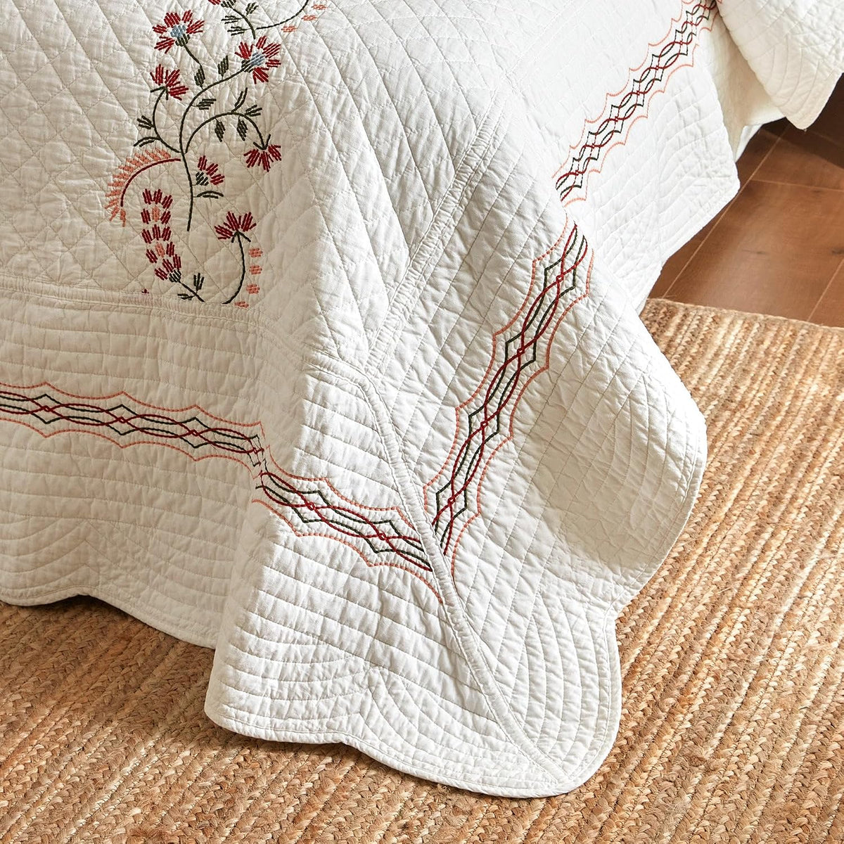 MarCielo 3Pcs Cotton European Folk Embroidered Quilt Bedspread Set Modern Farmhouse Style TC155