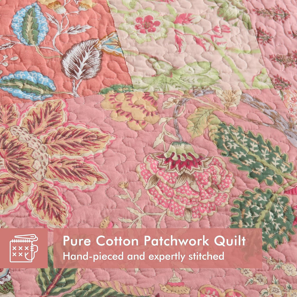 Etwel 100% Cotton Patchwork King Size Quilt Set - Lightweight Breathable Reversible Bedspread for Hot Sleepers, Farmhouse Floral Bedding Set with 2 Pillow Shams for All Season (106'x94', Pink Floral)