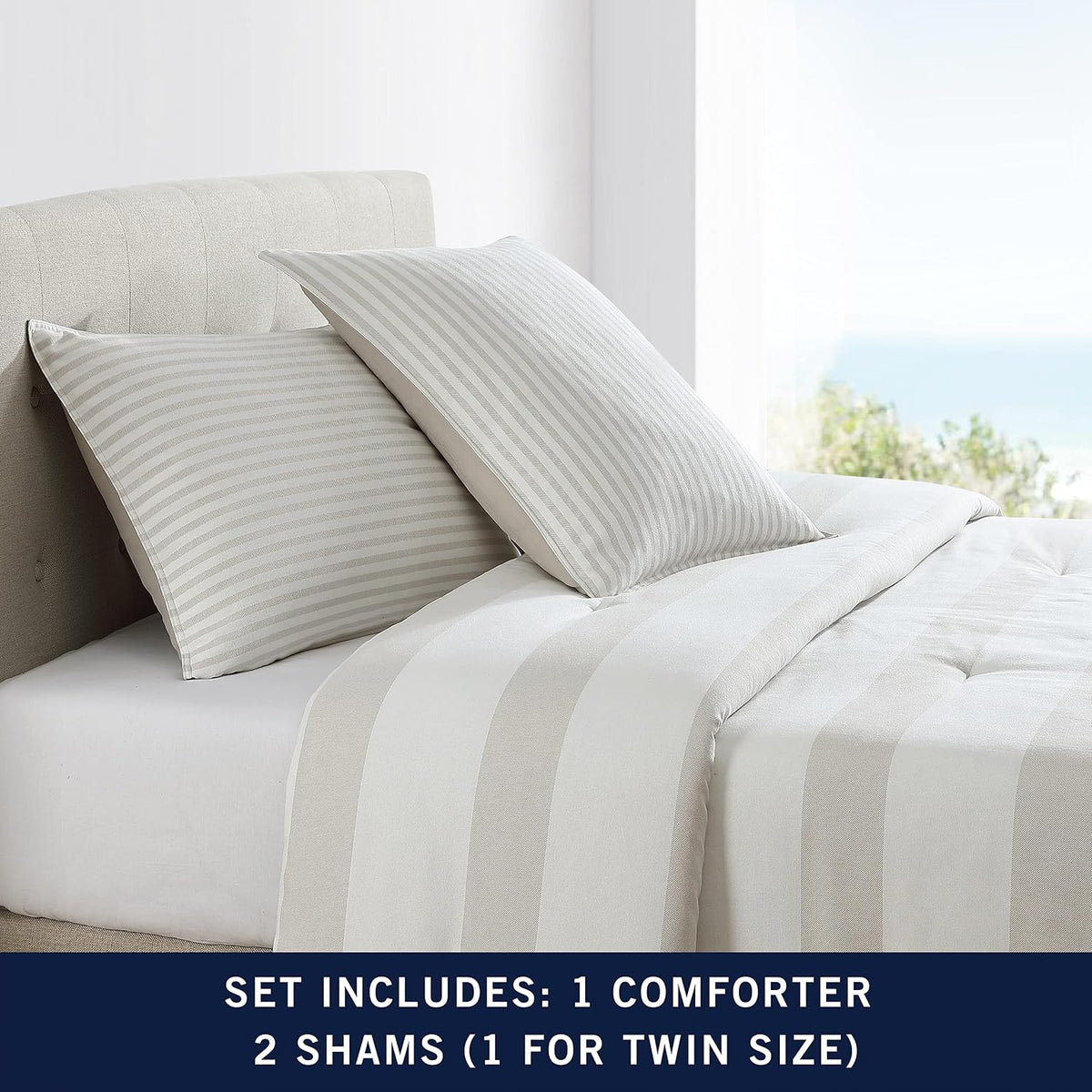 Nautica - Queen Comforter Set, Reversible Cotton Bedding with Matching Shams, Medium-Weight, Oeko-Tex Certified (Saybrook Beige)