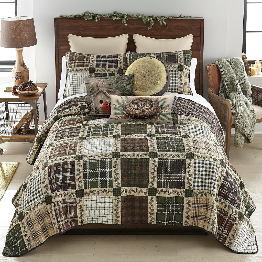 Donna Sharp Twin Bedding Set - 2 Piece - Pine Patch Cotton Quilt and One Standard Size Pillow Sham - Machine Washable - Perfect for Rustic Decor!