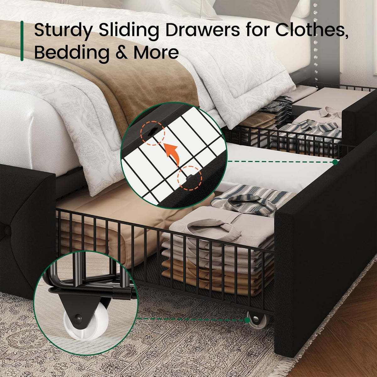 LARMACE Queen Size Bed Frame with LED Lights and 4 Storage Drawers Velvet Upholstered Platform Bed Frame with 47.2' Tall Tufted Headboard Wingback, No Box Spring Needed, Easy to Assemble, Black