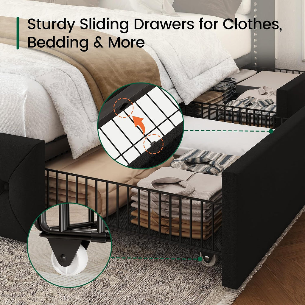 LARMACE King Size Bed Frame with LED Lights and 4 Storage Drawers Velvet Upholstered Platform Bed Frame with 47.2' Tall Tufted Headboard Wingback, No Box Spring Needed, Easy to Assemble, Black