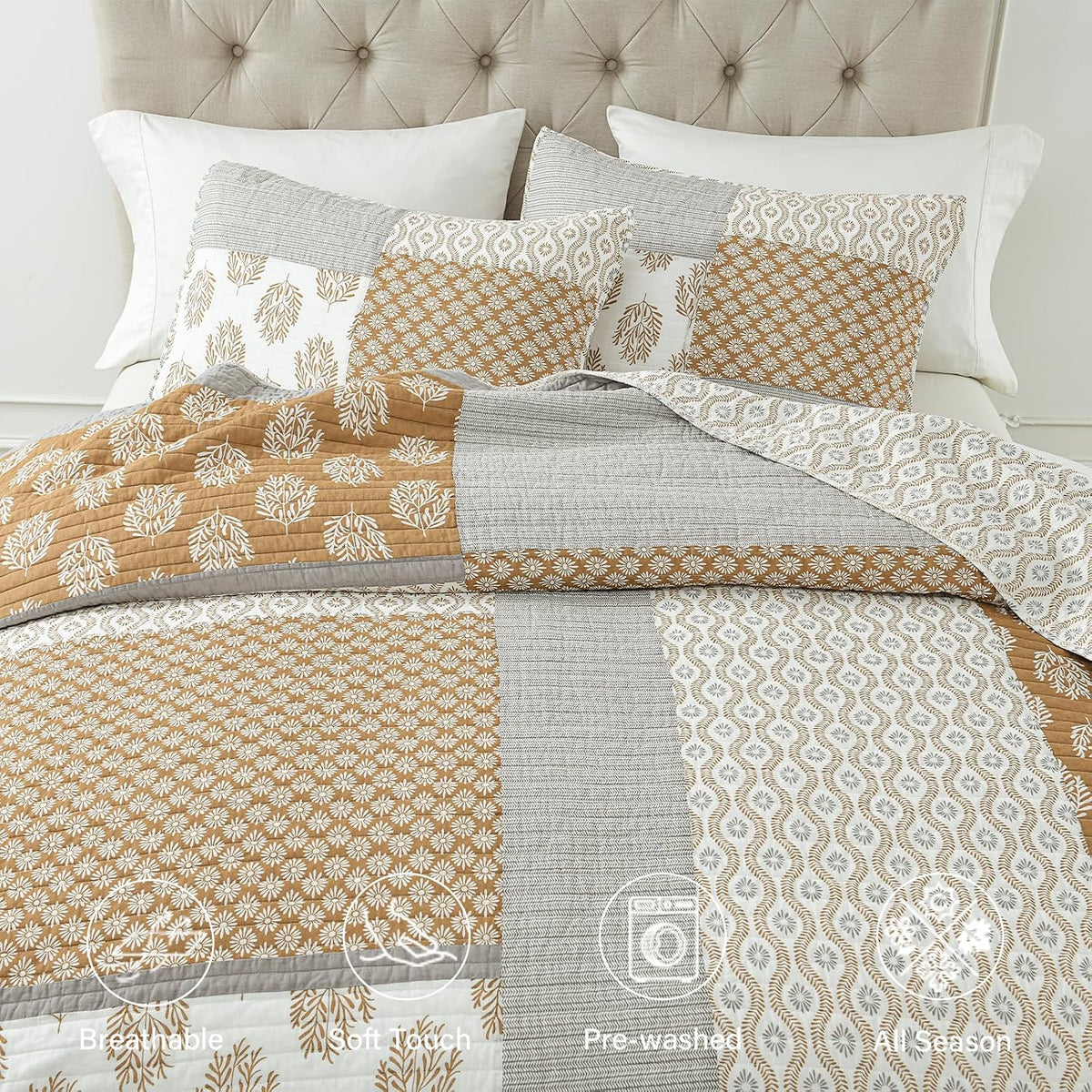 Finlonte Quilts Queen Size, 100% Cotton Queen Comforter Set, Brown Grey Farmhouse Quilted Bedspread, Patchwork Lightweight Reversible Quilt Bedding Set for Queen Bed, 3-Pieces