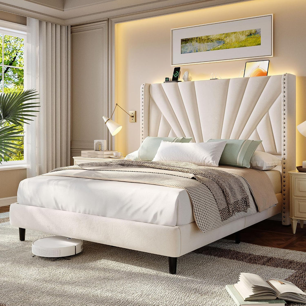 EnHomee Full Size Bed Frame with 51' Tall Velvet Wingback Headboard, LED Lights, and Charging Station, Noise-Free Platform Bed with Spacious Underbed Space, Beige