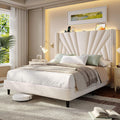 EnHomee Full Size Bed Frame with 51' Tall Velvet Wingback Headboard, LED Lights, and Charging Station, Noise-Free Platform Bed with Spacious Underbed Space, Beige