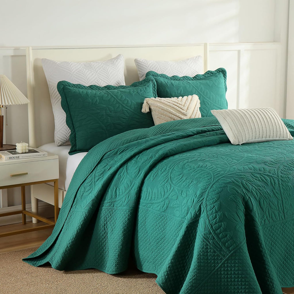 MarCielo 3-Piece 100% Cotton Oversized Bedspread Lightweight Quilt Coverlet Embroidery Farmhouse Bedding Set T0 (Emerald, Oversized Queen (100'x106'))