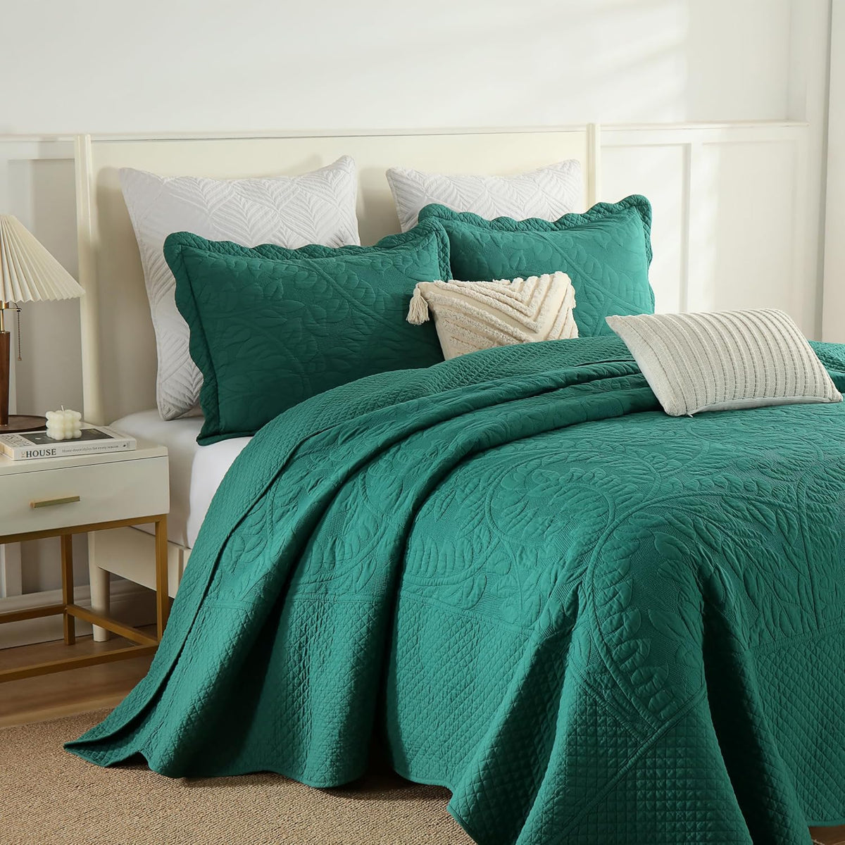 MarCielo 3-Piece 100% Cotton Oversized Bedspread Lightweight Quilt Coverlet Embroidery Farmhouse Bedding Set T0 (Emerald, Oversized Queen (100'x106'))