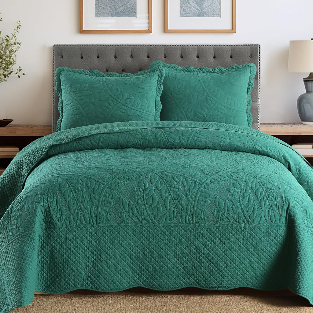 MarCielo 3-Piece 100% Cotton Oversized Bedspread Lightweight Quilt Coverlet Embroidery Farmhouse Bedding Set T0 (Emerald, Oversized Queen (100'x106'))