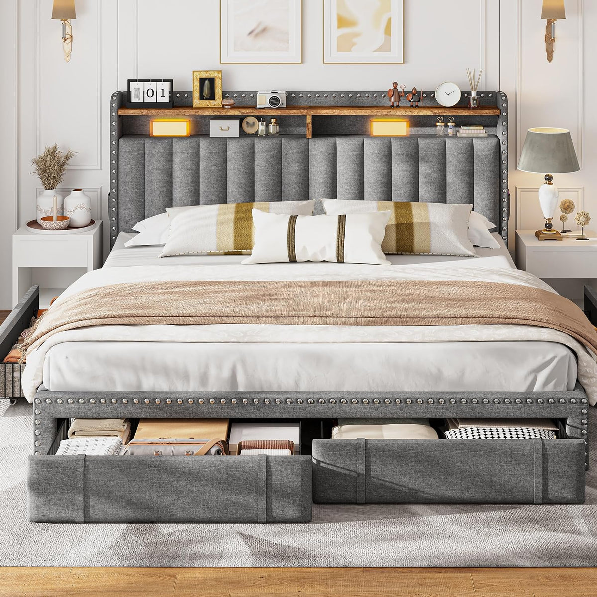 EnHomee Upholstered King Size Bed Frame with 4 Storage Drawers, 2-Tier Storage Headboard, Platform Bed Frame with Wooden Slats Support, No Box Spring Needed, Grey