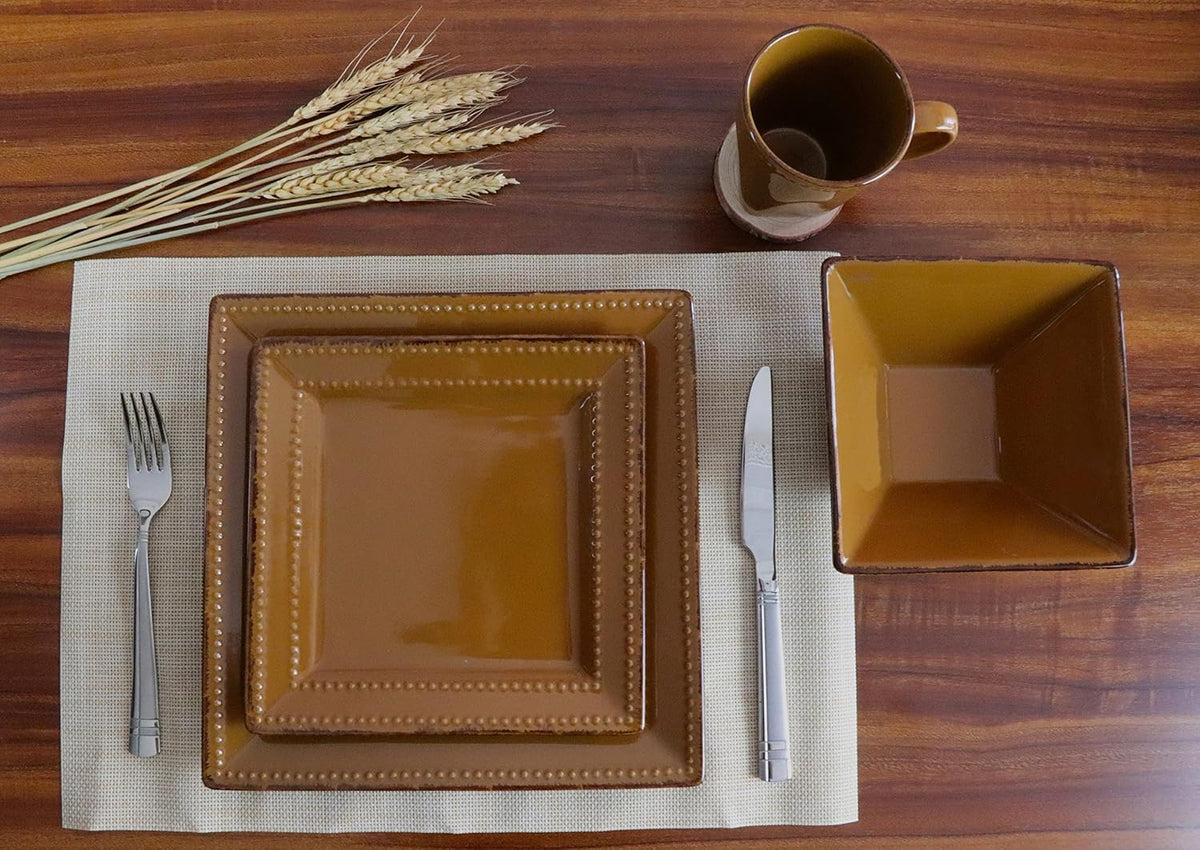 Stylish and Elegant 16 Piece Square Beaded Stoneware Dinnerware set Service for Hosting Parties and Events - Mocha, 16 Piece, Square Beaded