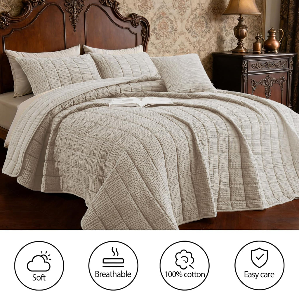 120x128 Cotton Quilt Bedding Set Oversized King Size Quilted Bedspread Sets with 2 Shams,3 Pieces Lightweight Soft Bedding Sets for All Season,Khaki