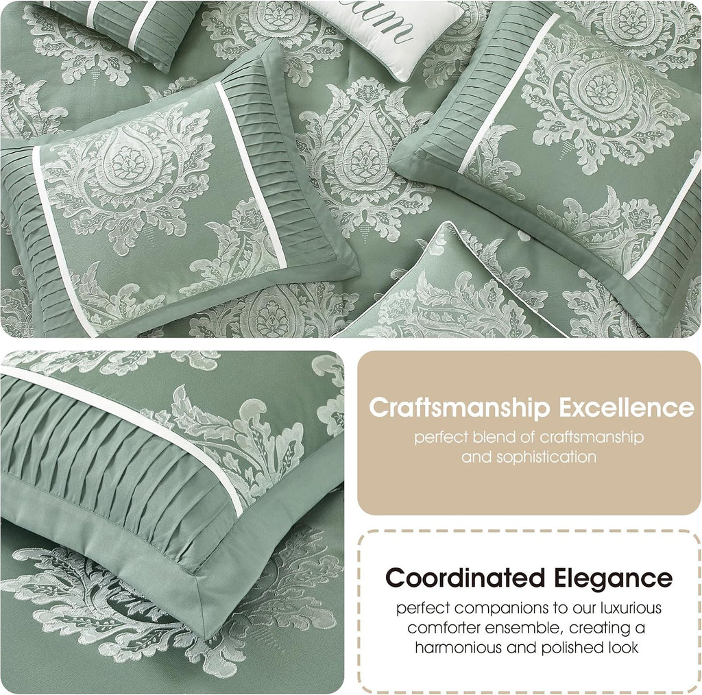 Grand Avenue Sage 7PC Comforter Set Queen Size, Jacquard with Matching Solid Piecework Bedding Set, All Season, Bedskirt, Pillows & Shams