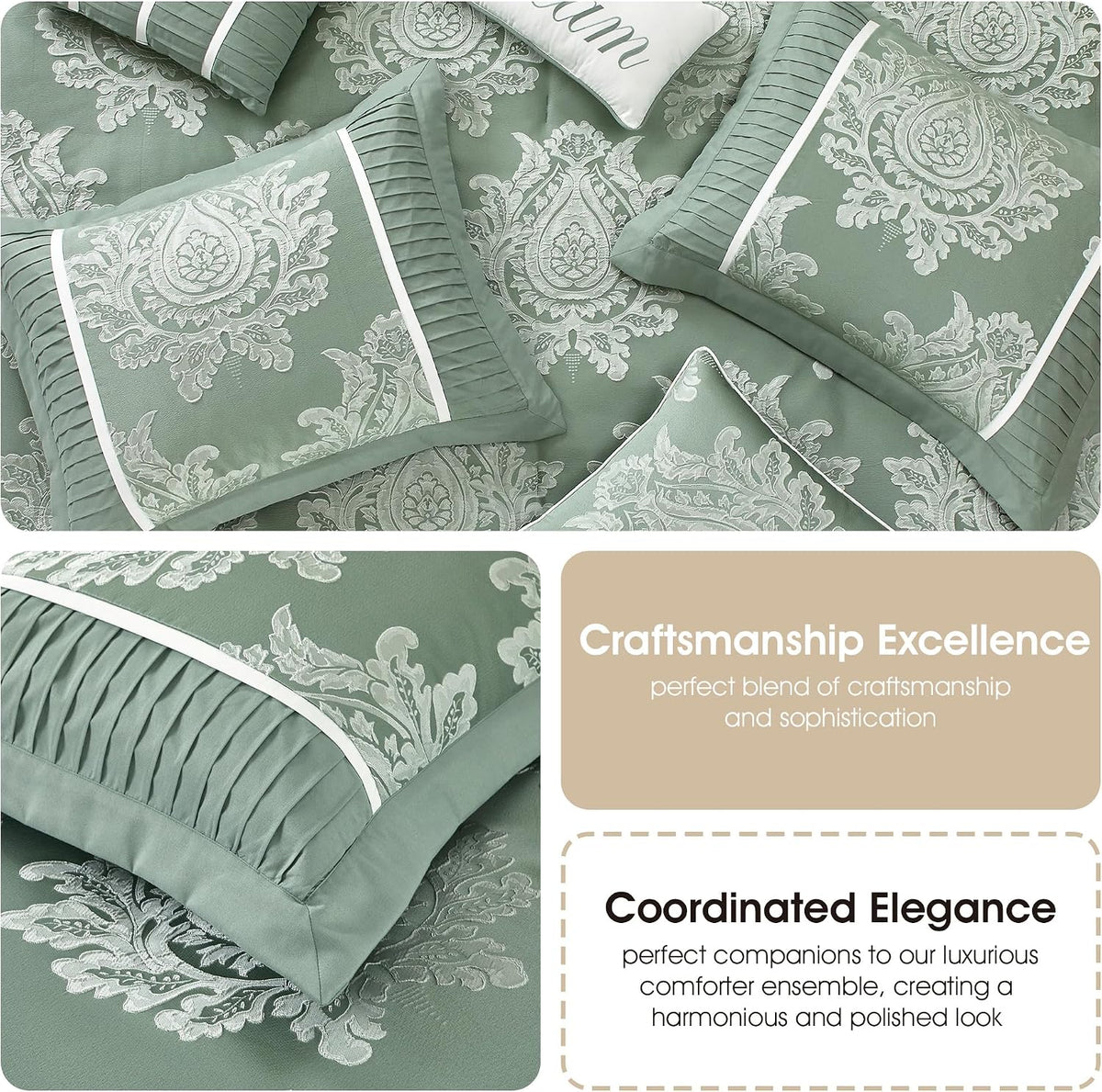 Grand Avenue Sage 7PC Comforter Set California King Size, Jacquard with Matching Solid Piecework Bedding Set, All Season, Bedskirt, Pillows & Shams