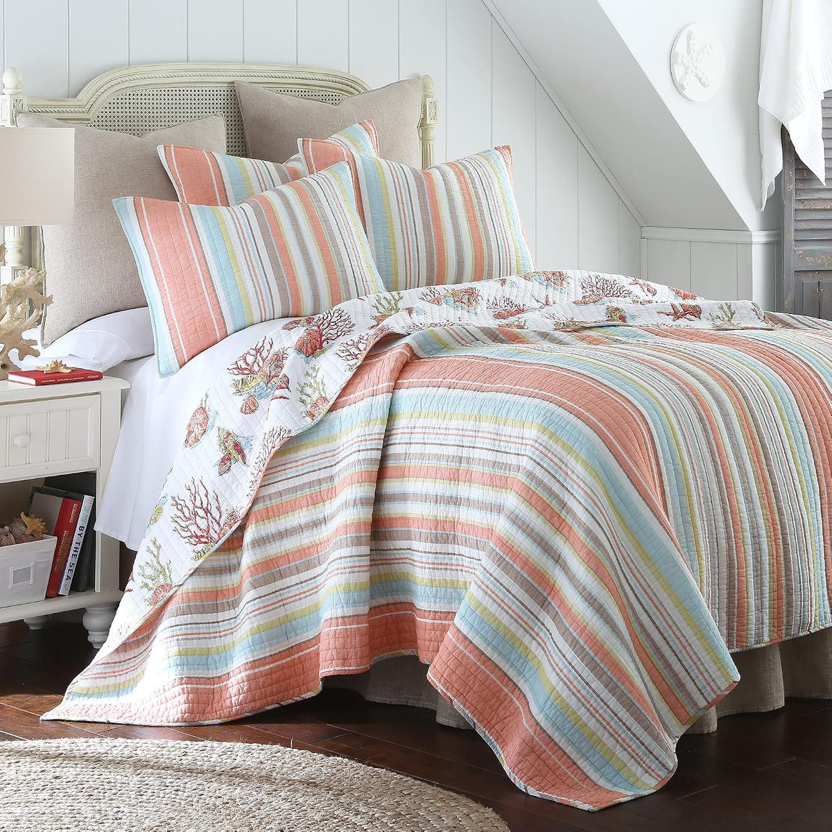 Levtex Home Brighton Coral Full/Queen Cotton Quilt Set Stripe Coastal