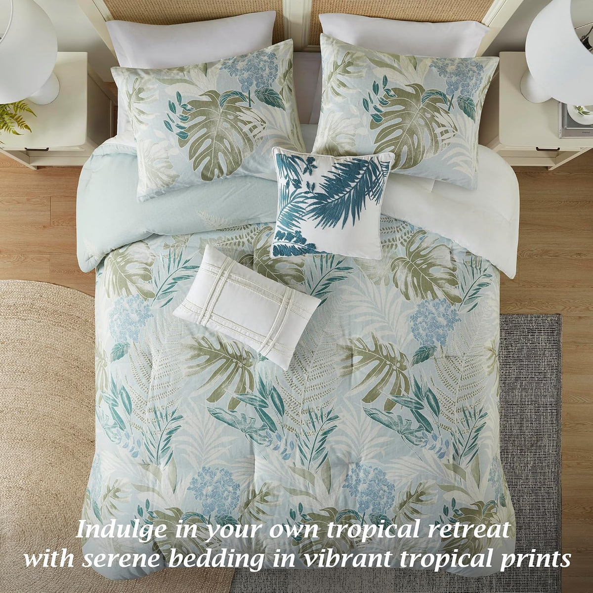 Harbor House Queen Comforter Set, Tropical Palm Print, Soft Cotton Oversized Comforter for a Queen-Size Bed, Coastal Bedding, 2 Shams, Bedskirt, 2 Décor Pillows, Kiawah Island, Queen Blue