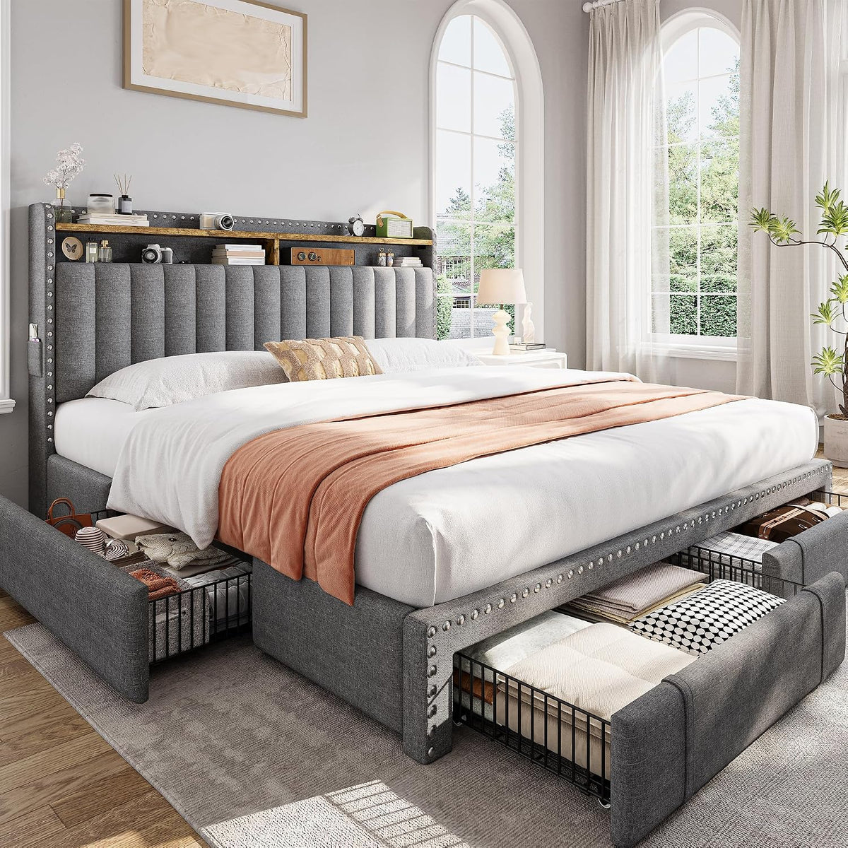 EnHomee Upholstered King Size Bed Frame with 4 Storage Drawers, 2-Tier Storage Headboard, Platform Bed Frame with Wooden Slats Support, No Box Spring Needed, Grey