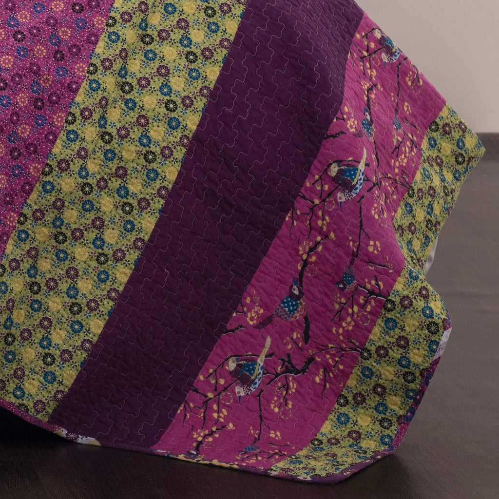 Lush Decor Bohemian Bloom Reversible Cotton Quilt Set, 3 Piece Set King, Plum - Striped Bedding Set - Floral Quilt King Size - Purple Bedding - Boho Decor