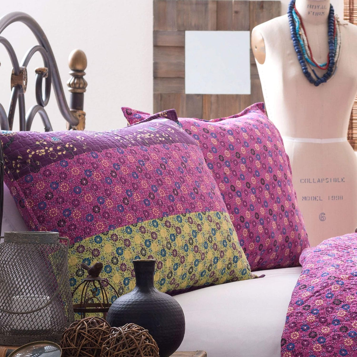 Lush Decor Bohemian Bloom Reversible Cotton Quilt Set, 3 Piece Set King, Plum - Striped Bedding Set - Floral Quilt King Size - Purple Bedding - Boho Decor
