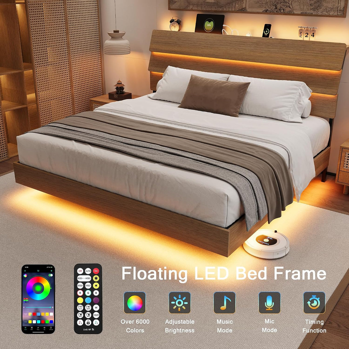 Einhomn King Size Bed Frame with LED Headboard, Floating Design with Charging Station USB Type-C and V-Shaped Support, Metal Frame, No Box Spring Needed, Noise Free, Easy Assembly, Walnut