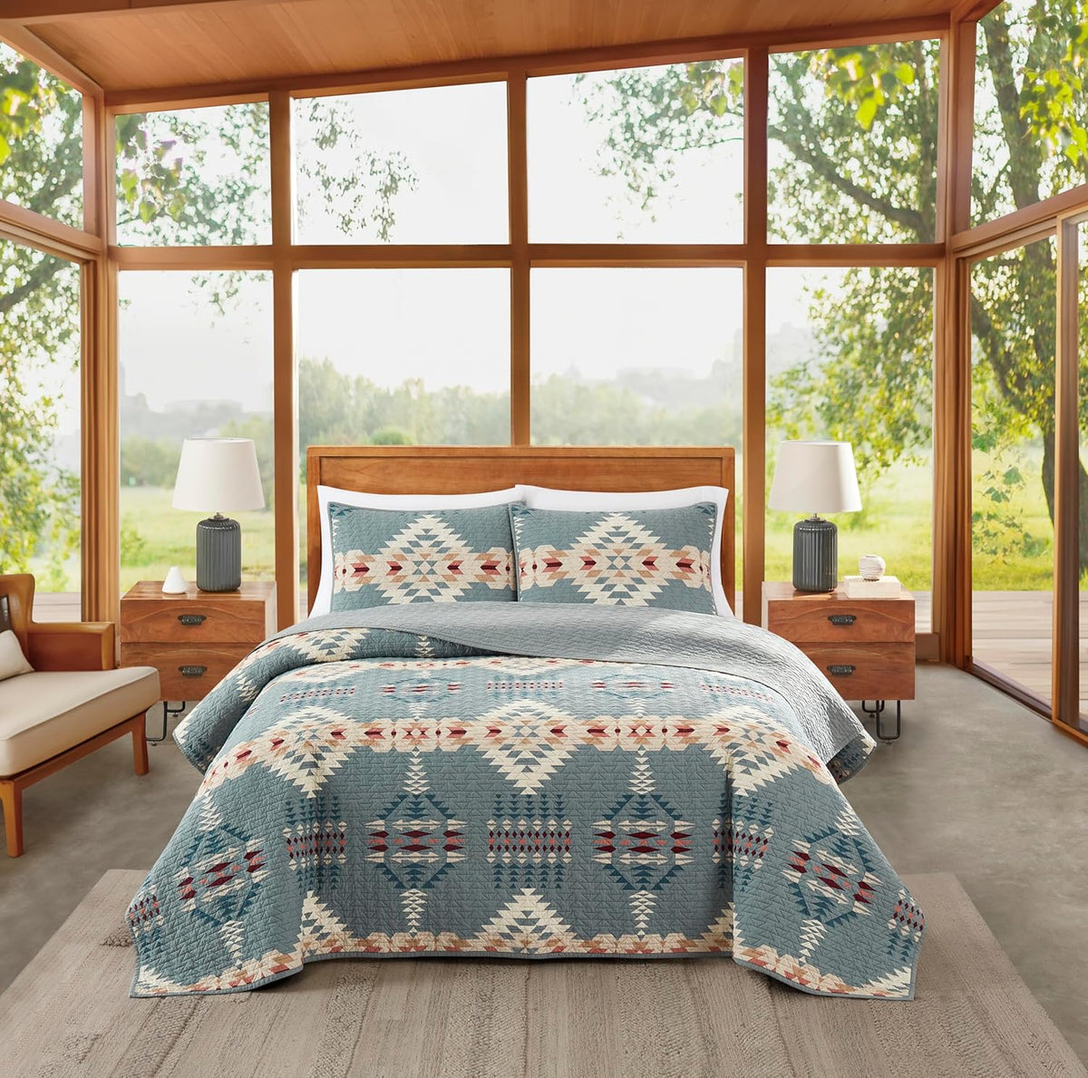 Pendleton King Quilt Set – 100% Cotton 3 Piece Quilt Set with Shams, Soft Lightweight Bedding for King Size Bed, Light Blue Patterned Comforter Alternative, King Bedding Set (Rancho Arroyo)